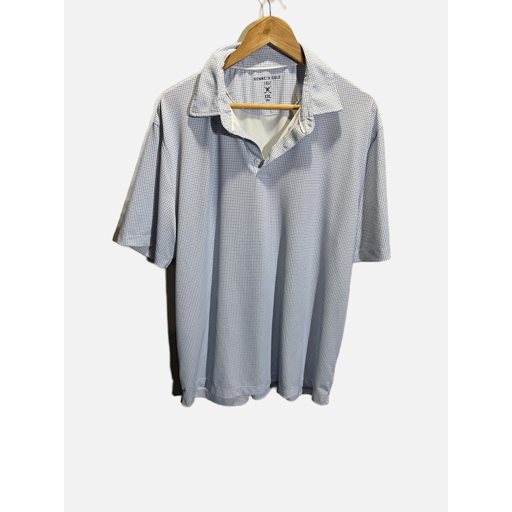 Kenneth Cole Golf Polo Shirt Mens XXL Blue White Grid Check Performance Athletic